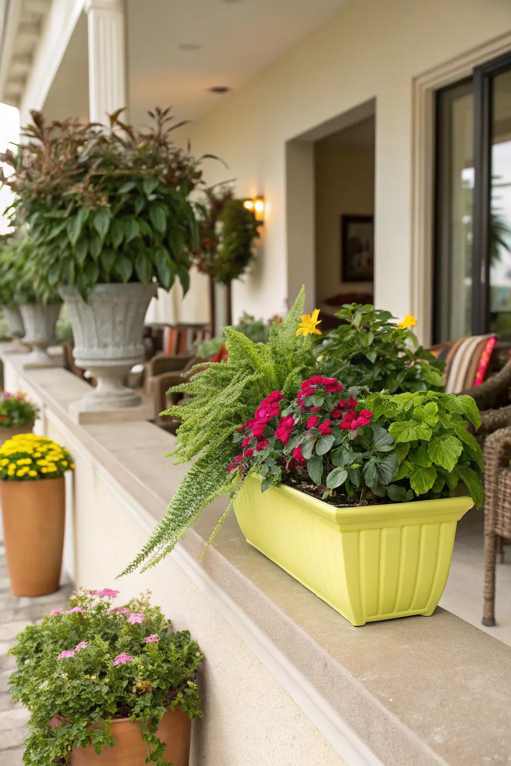 A vibrant planter adds a surprising pop of color to this plant ledge.