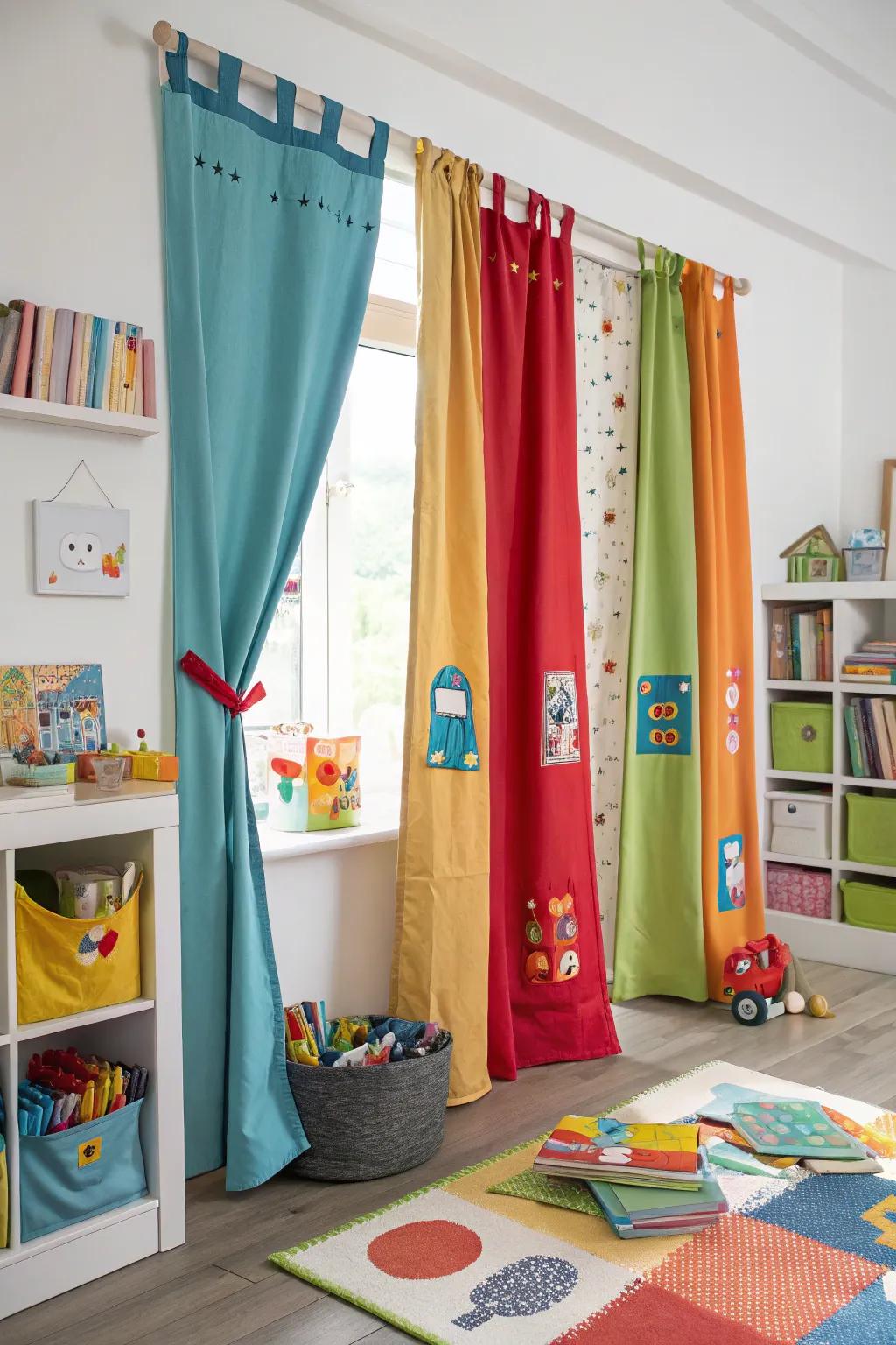 Interactive curtains double as playful elements in the playroom.