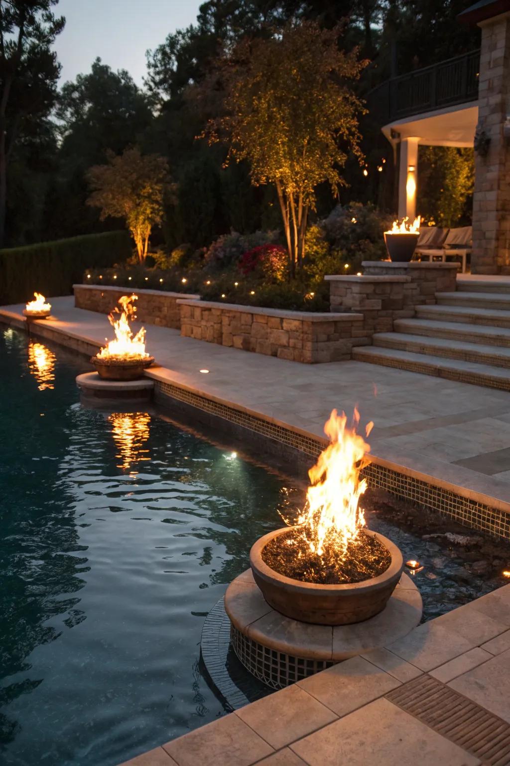 Fire features add a dramatic and warm ambiance to poolside settings.