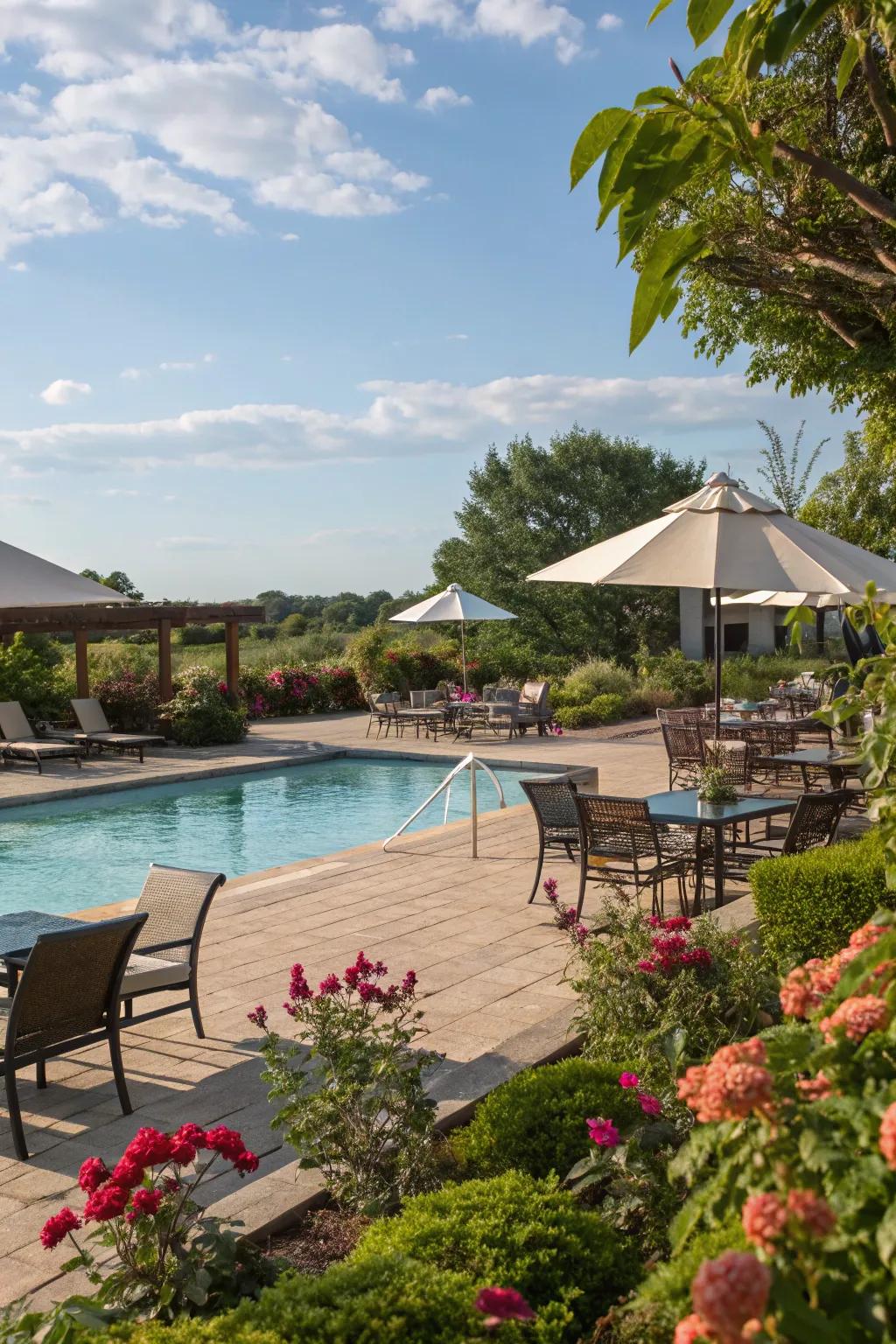 Multiple shade zones provide versatility for various poolside activities.