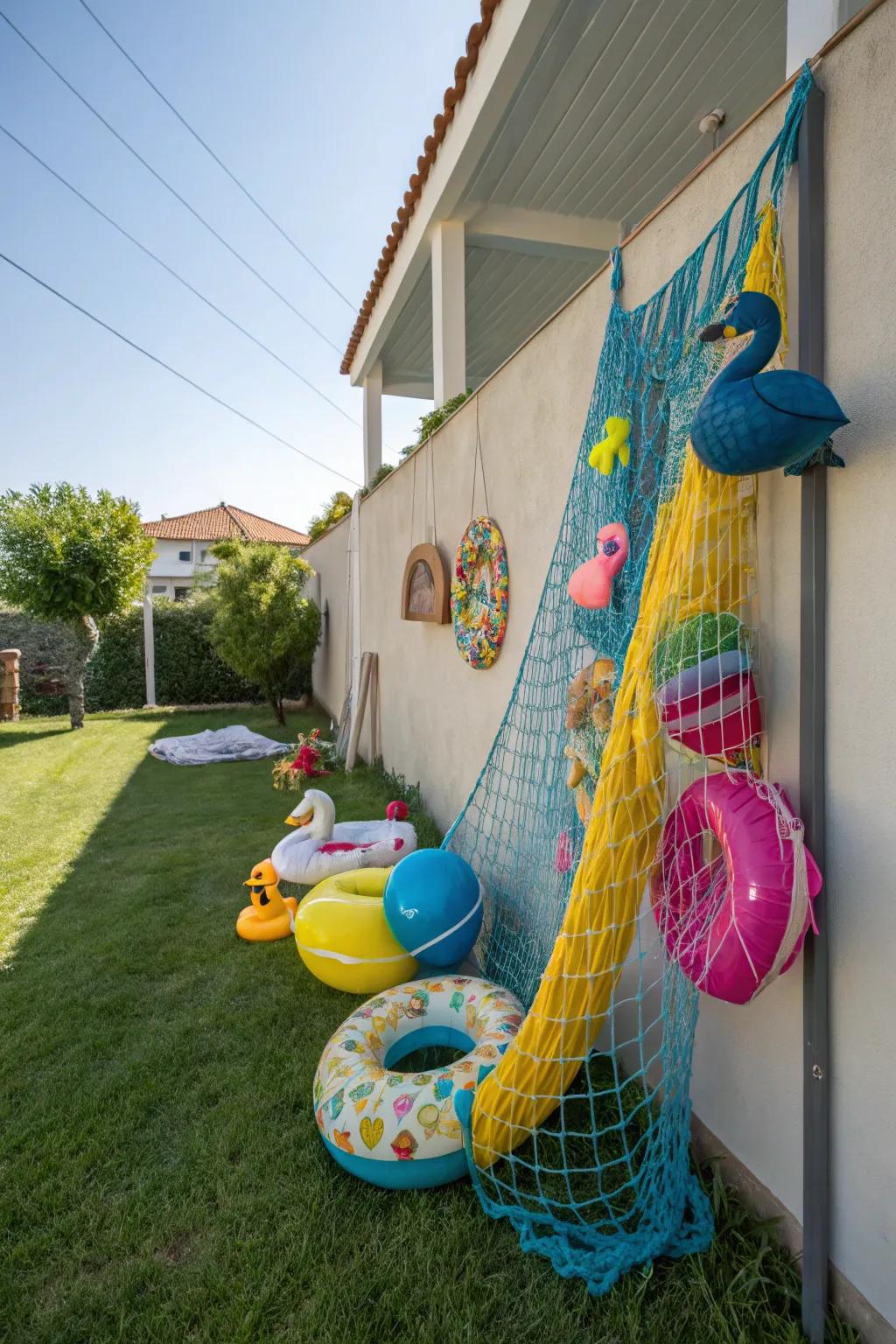 A cargo net provides a unique storage solution for pool floats.