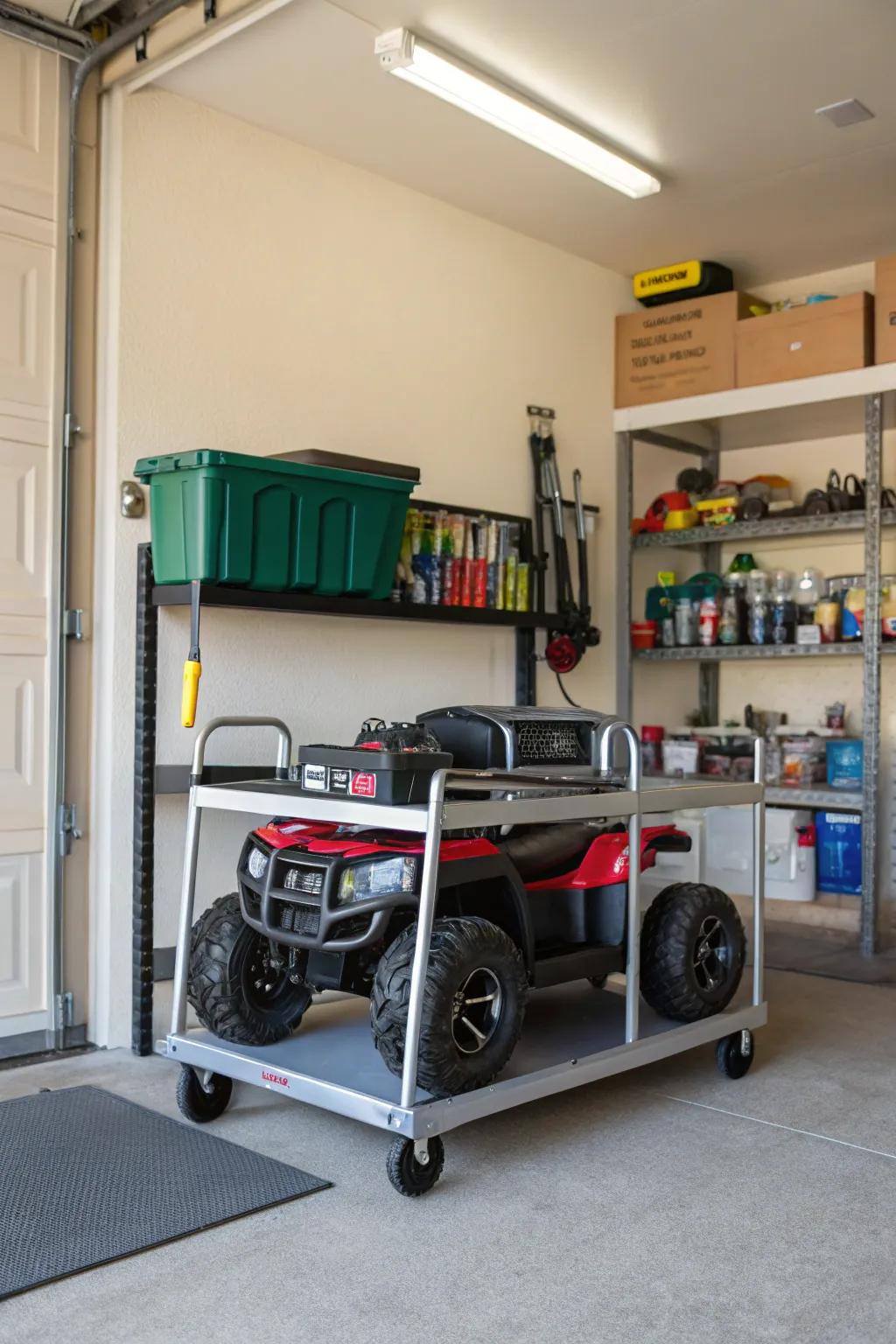 Rolling cart providing flexible storage for power wheels.