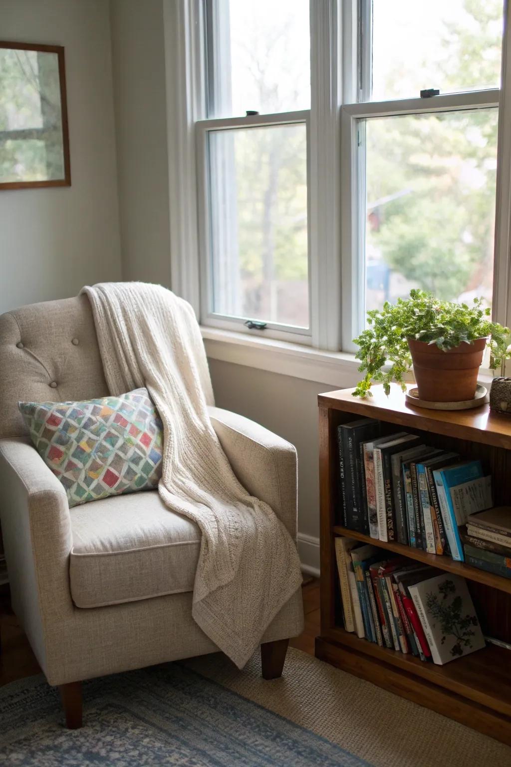 A cozy reading nook invites relaxation and literary escape.