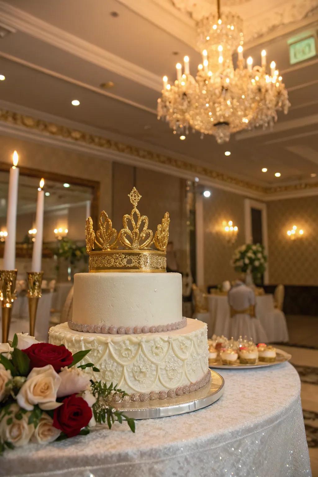 A crown topper adds a regal touch to any cake.