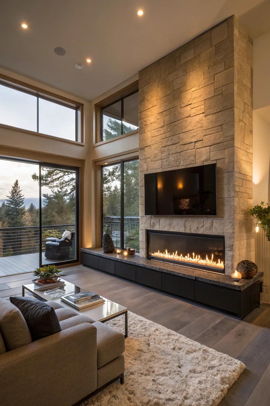 A modern living room with a propane fireplace featuring hidden burners.