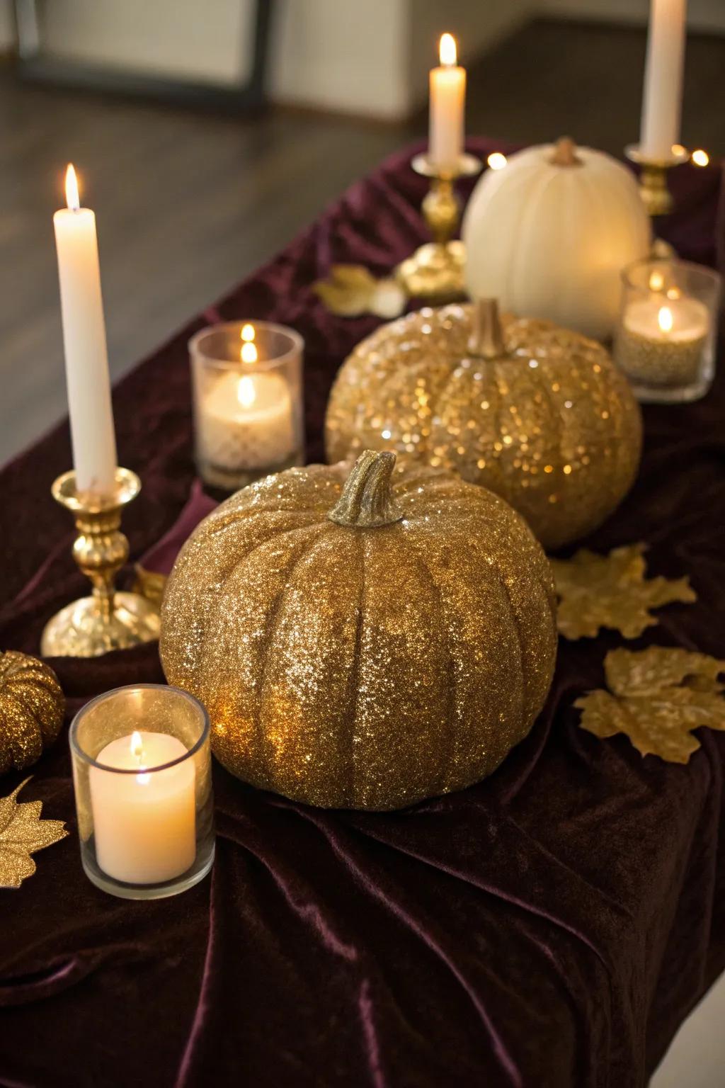 Create a dazzling display with glamorous glitter pumpkins.