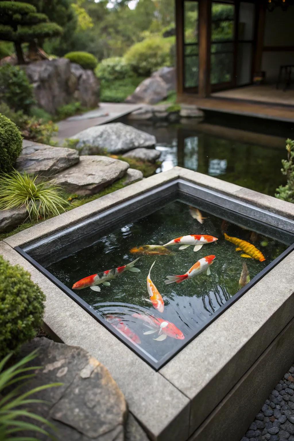 A mesmerizing view with a transparent pond window.