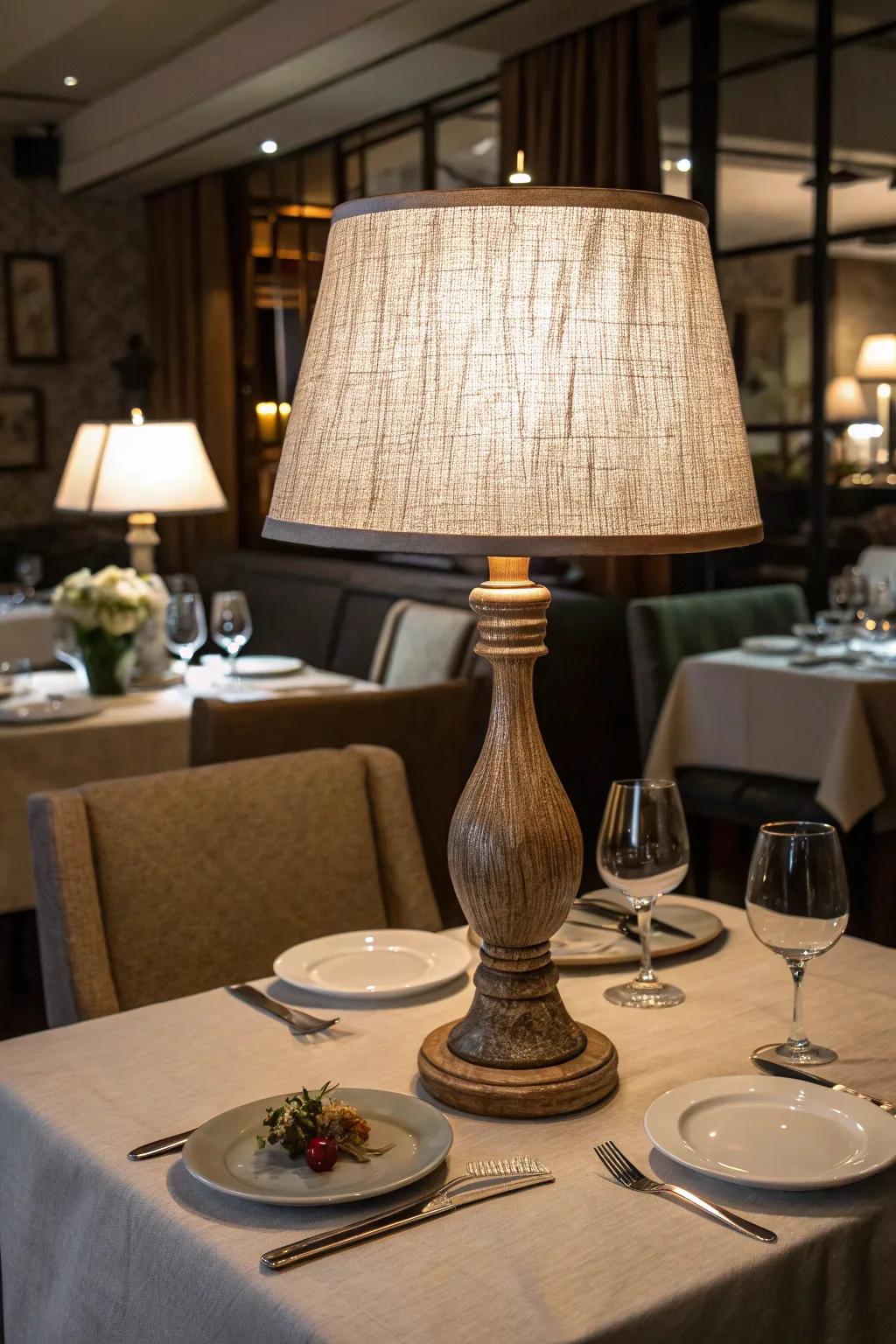 Table lamp with textured fabric shade on a restaurant table with cozy decor.