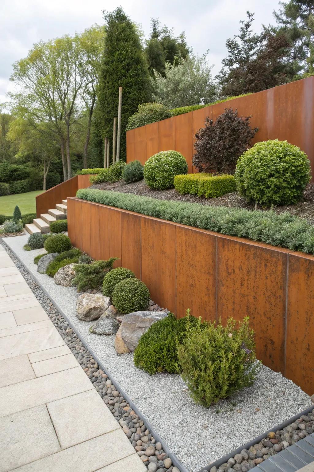 Corten steel walls add an industrial chic touch to gardens.