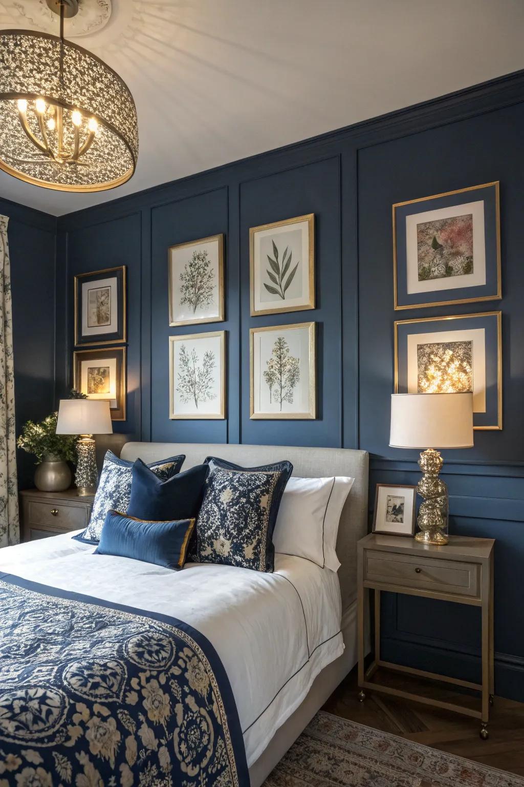 Wall art adds a personal and aesthetic touch to navy blue decor.