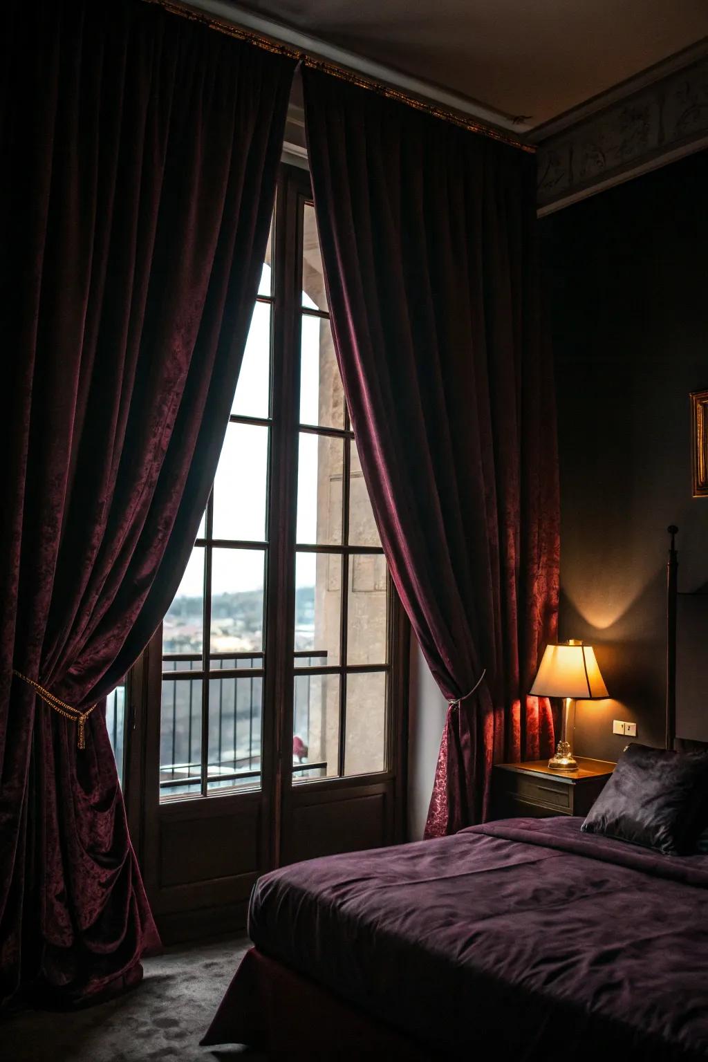 Rich drapery adds drama and privacy to a Victorian Gothic bedroom.