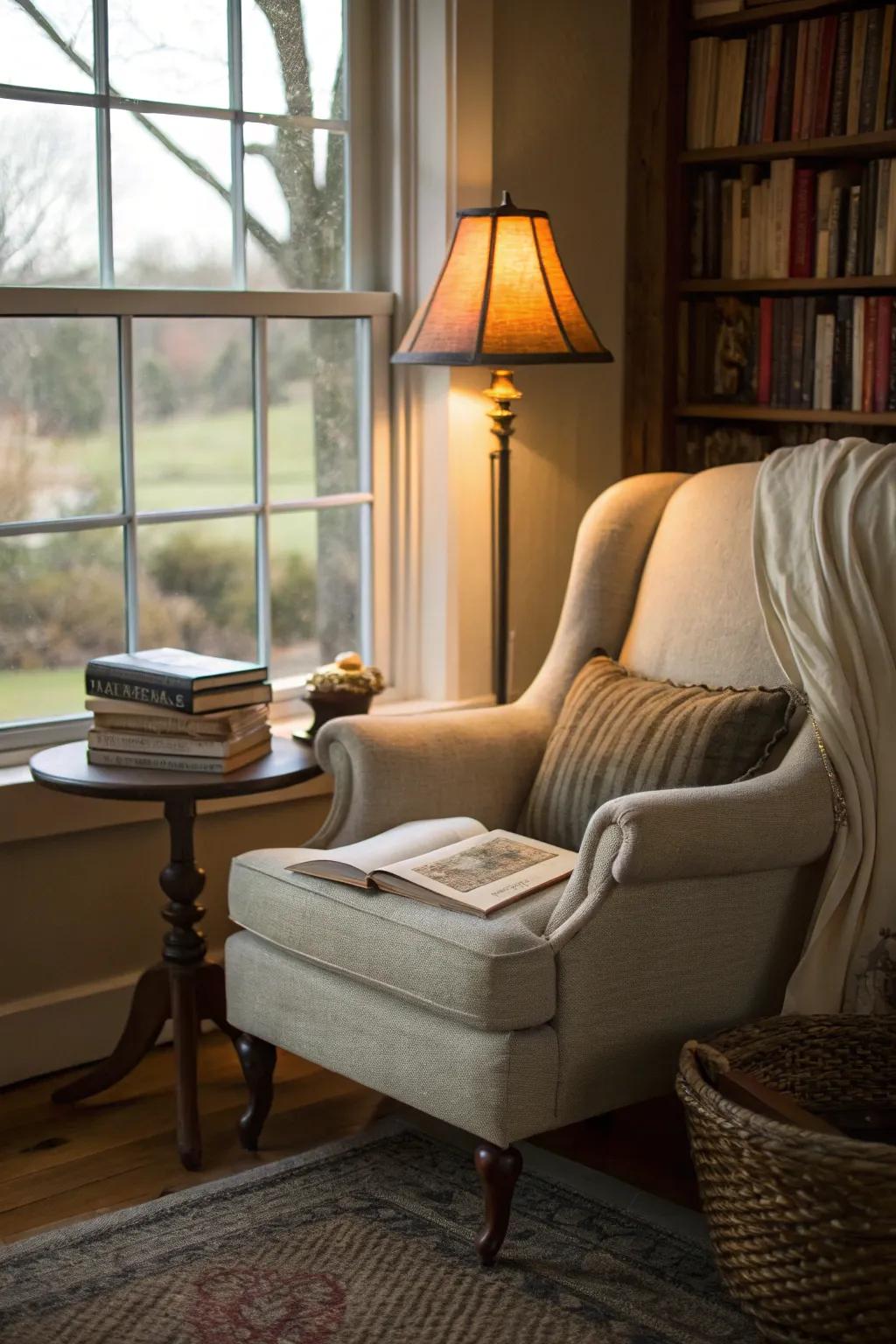 A cozy reading nook inviting you to relax and unwind.