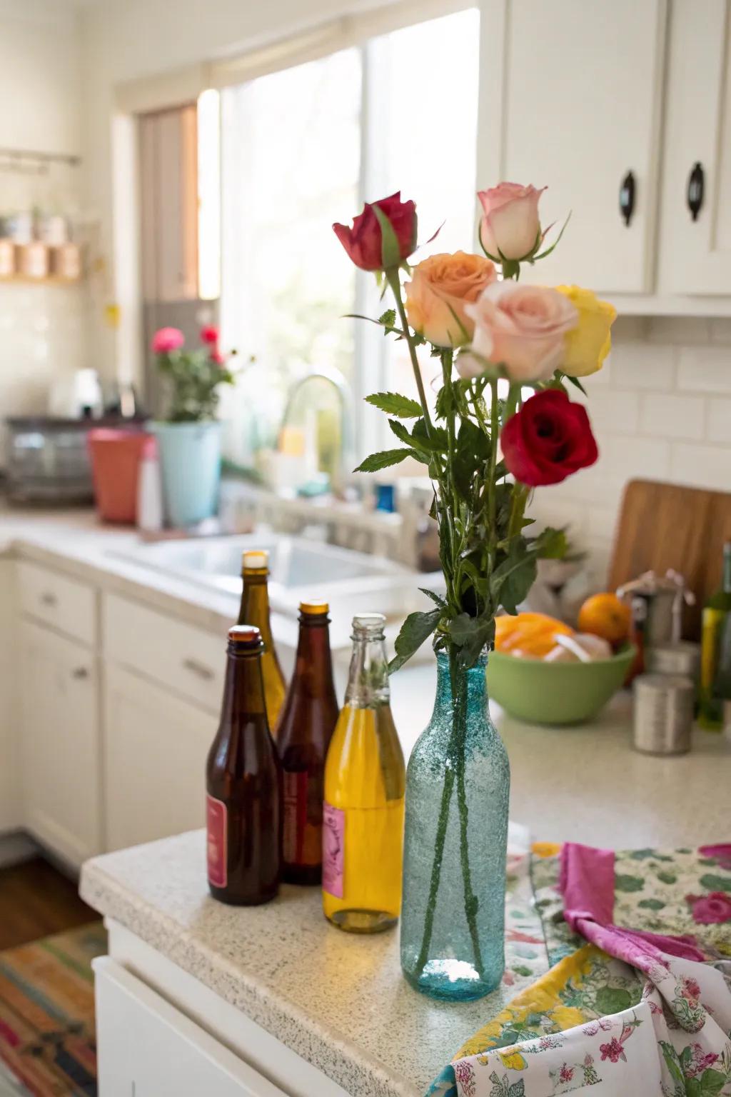 Playful and creative with an eclectic bottle collection.