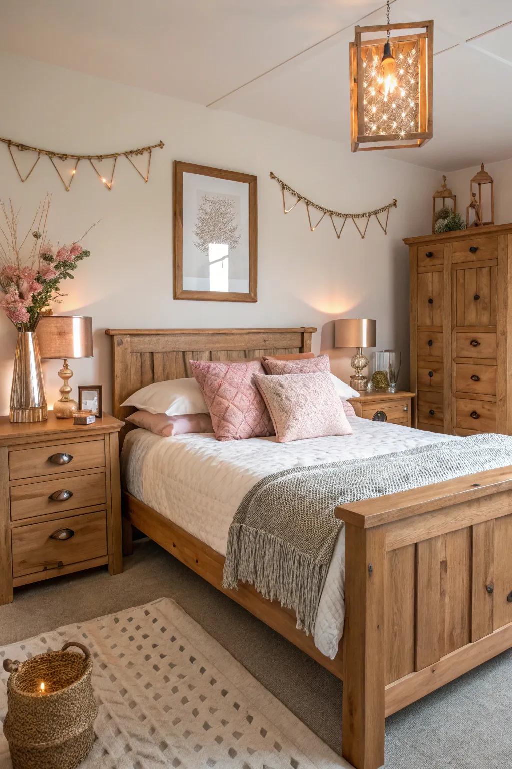 Timber and rose gold create a balanced, cozy bedroom.