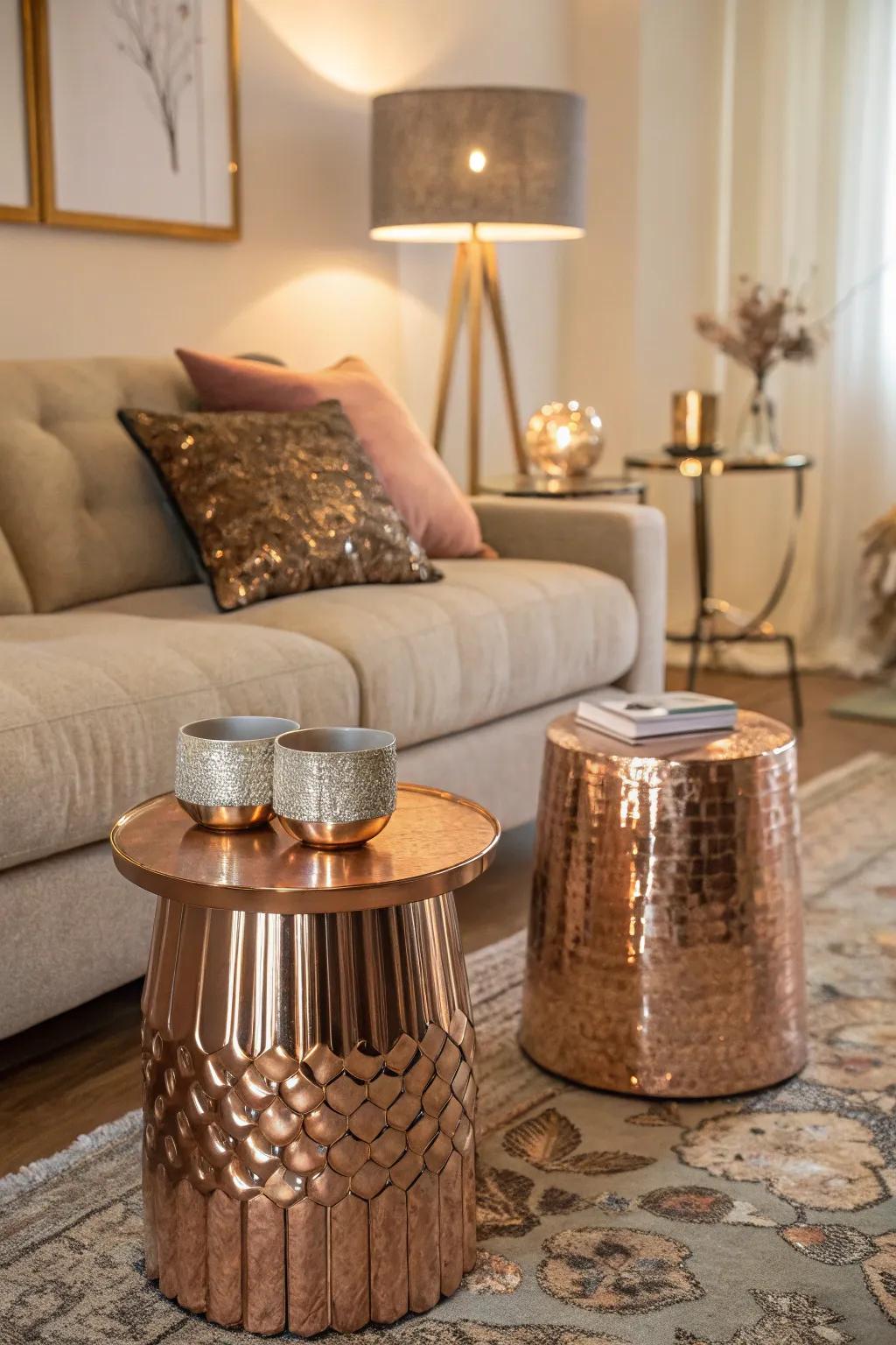 Metallic side tables in rose gold offer functionality and style.