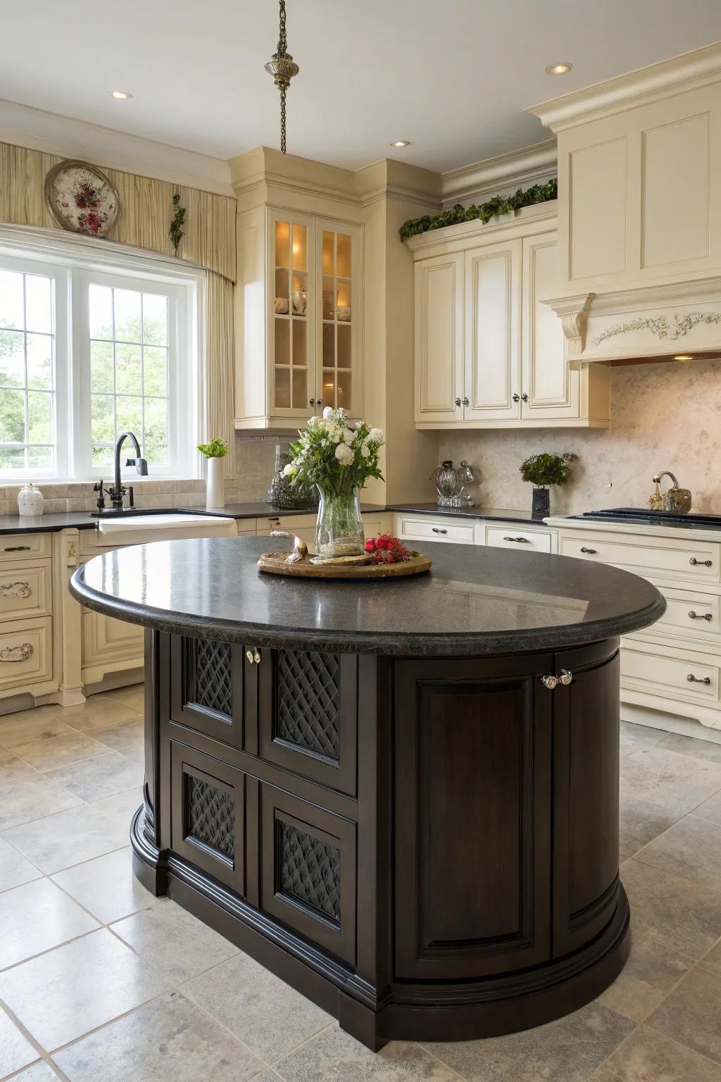 Dark colors infuse drama and sophistication into a round kitchen island.