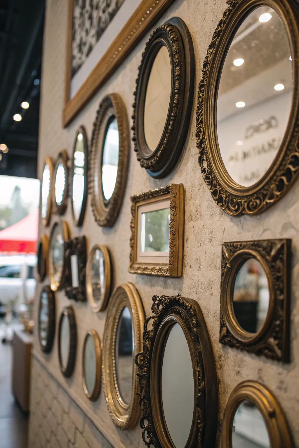 Wall featuring a collection of vintage round mirrors with ornate frames.