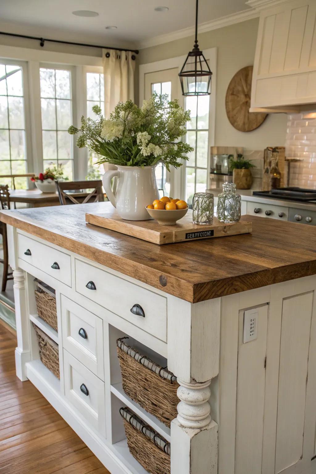 A farmhouse kitchen island with a robust butcher block countertop.