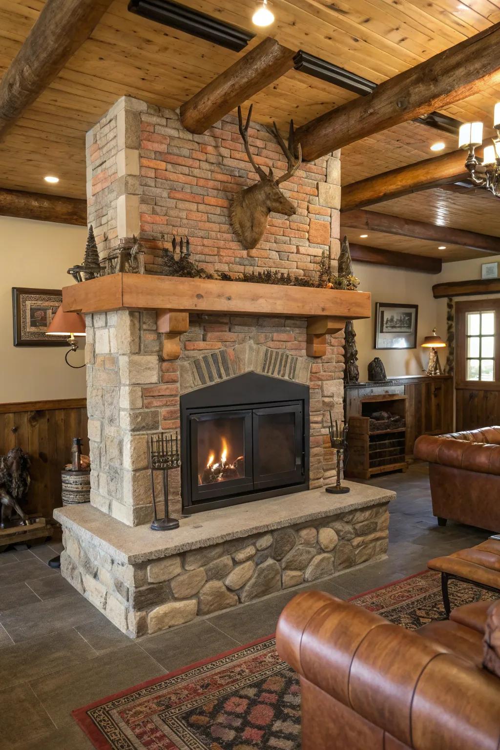 A freestanding fireplace adds warmth to this cozy man cave.