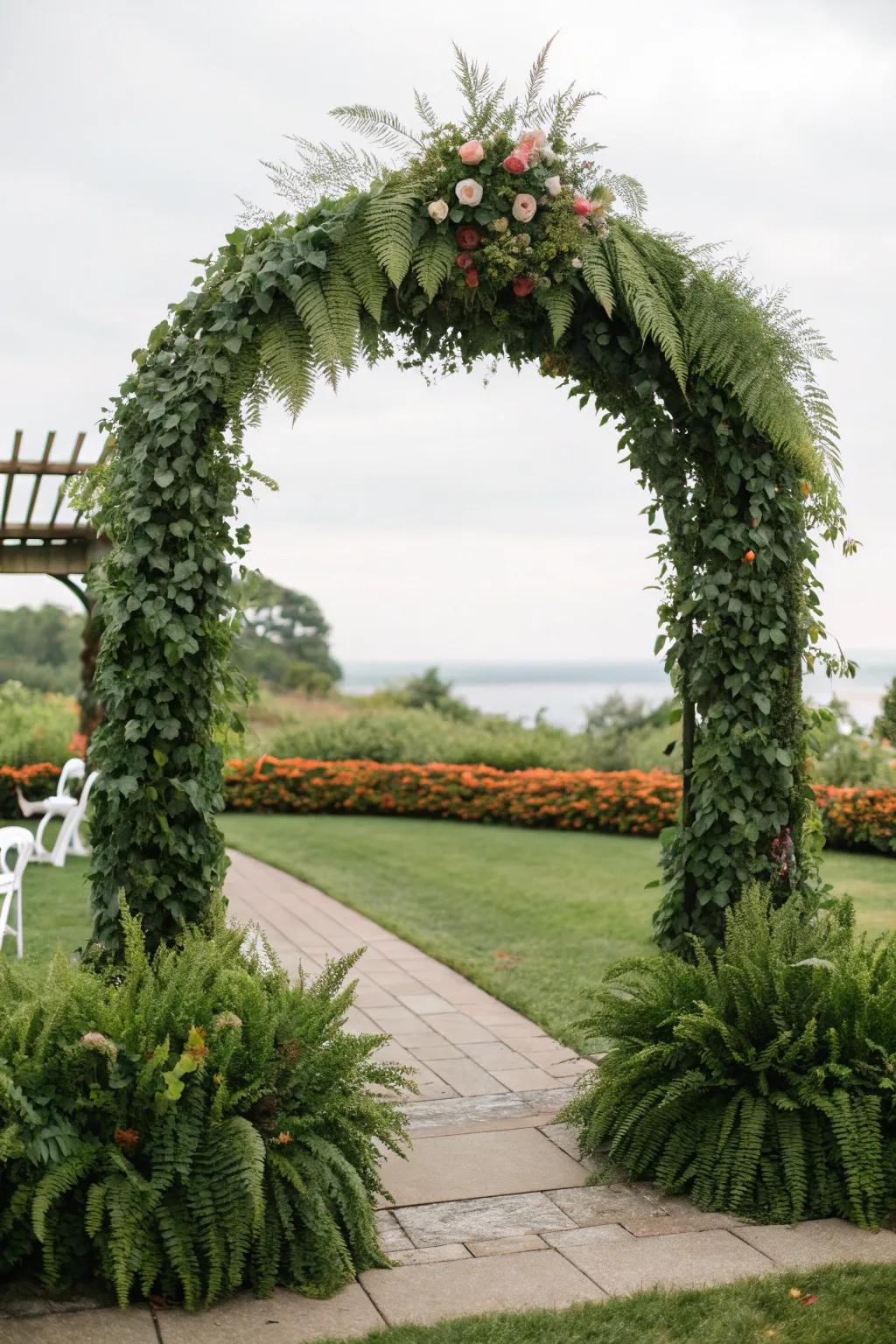 An arch enveloped in greenery, offering a lush and natural vibe.