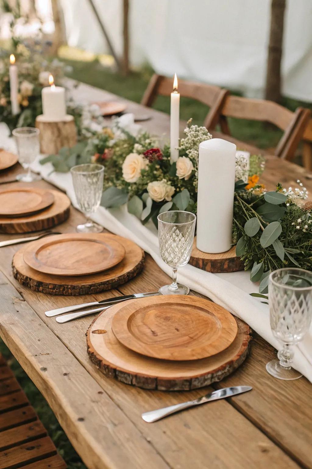 Wooden chargers providing an earthy base to the table setting.