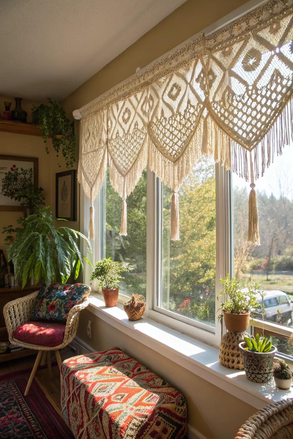 A sunlit bohemian sunroom with a macramé valance that adds intricate texture.