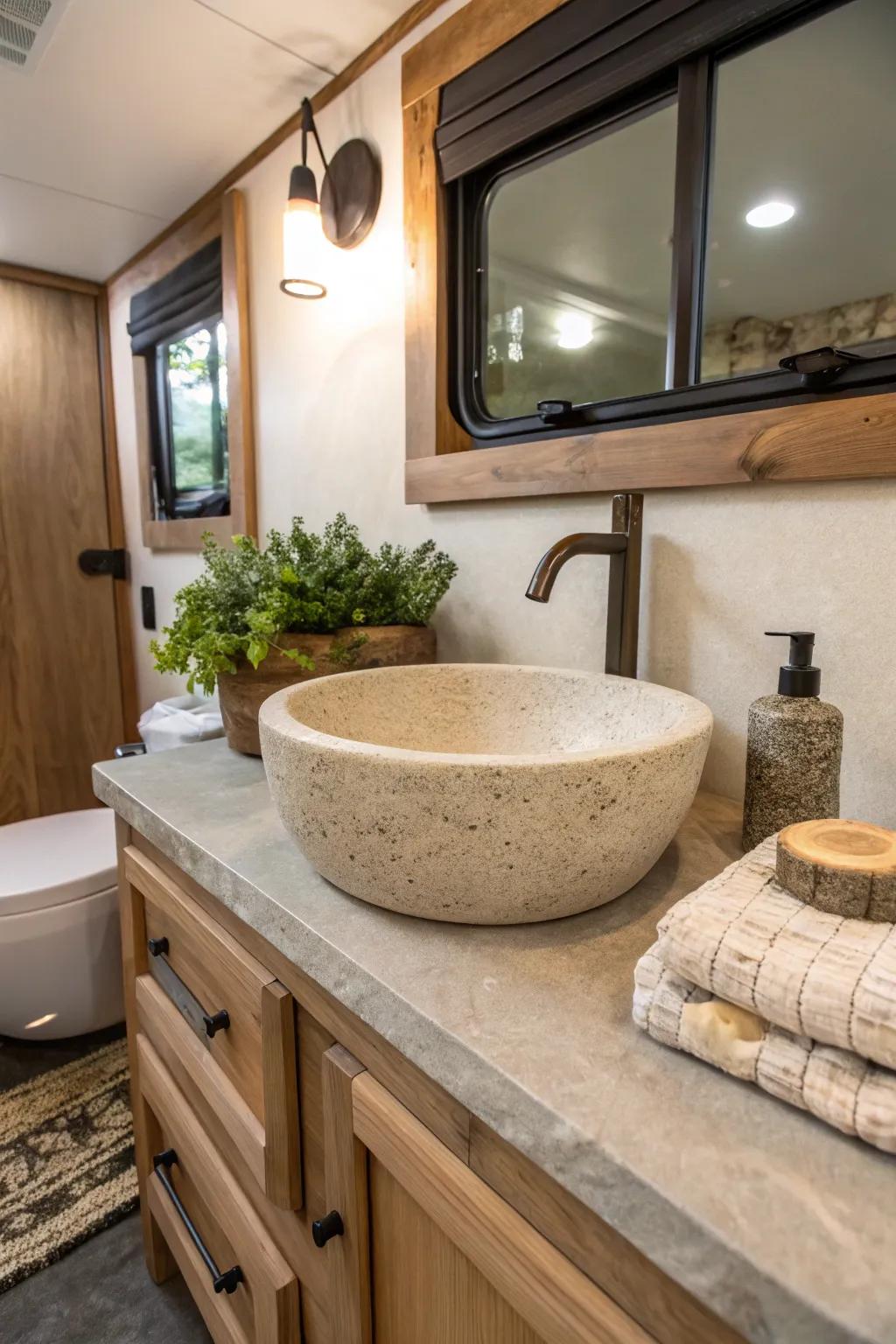 A stone sink bringing natural aesthetics to an RV bathroom.