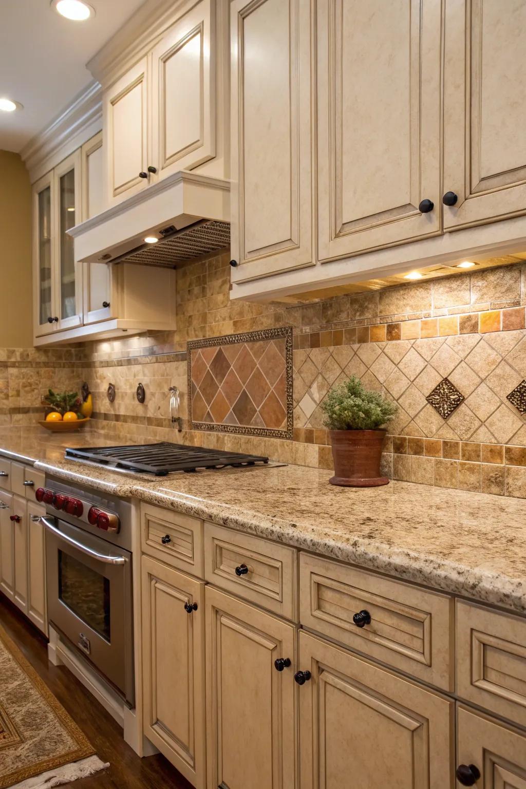 Earthy tones create a harmonious atmosphere with Santa Cecilia granite.