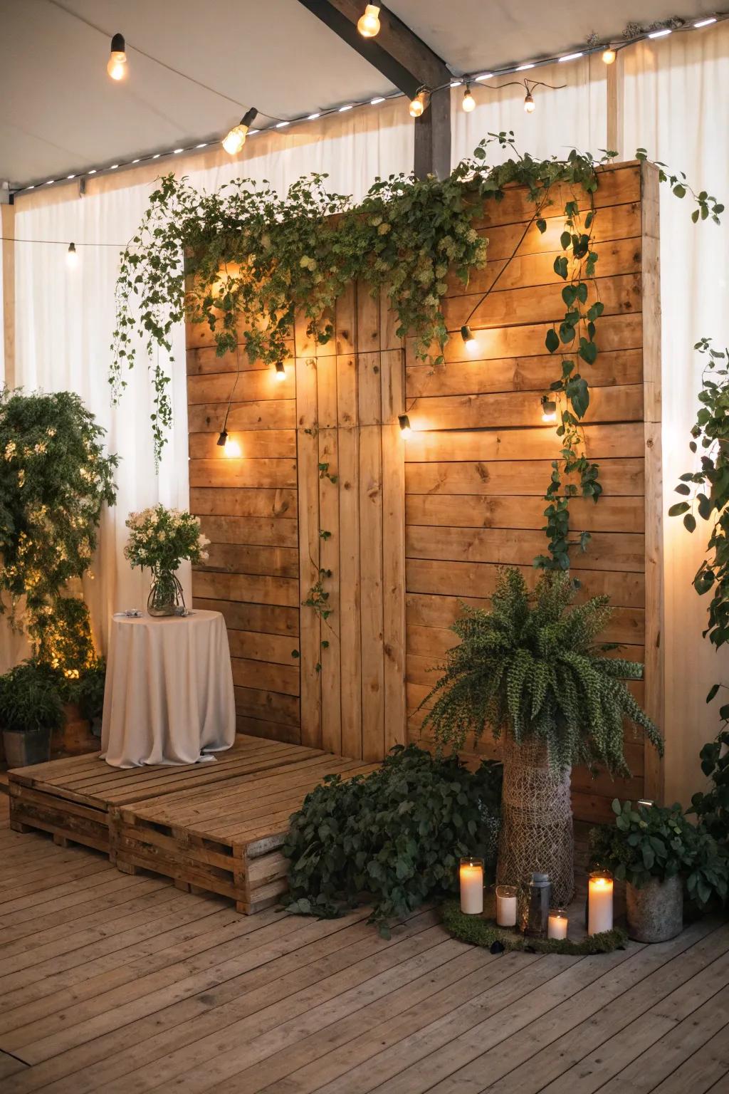 Embrace rustic charm with wooden elements and greenery.