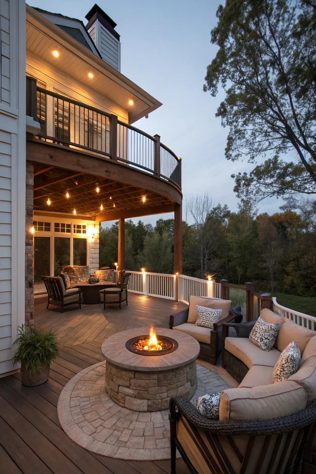 A cozy deck with a fire pit that invites gatherings and warmth.