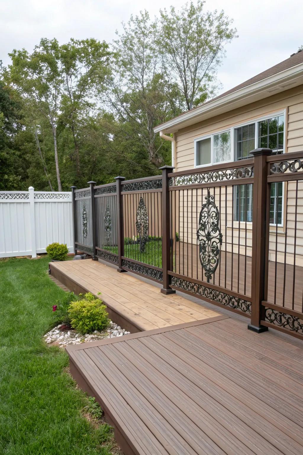 Decorative metal grilles provide artistry and privacy in this inviting outdoor area.