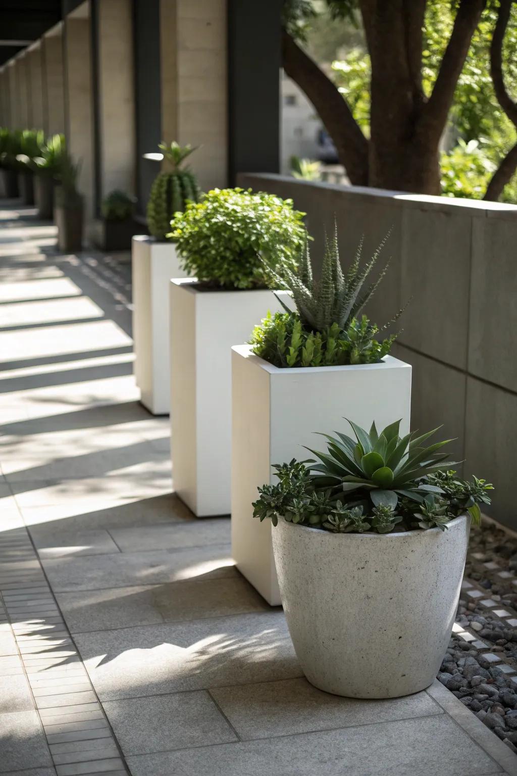 A shaded area featuring modern minimalist planters with monochromatic plants.