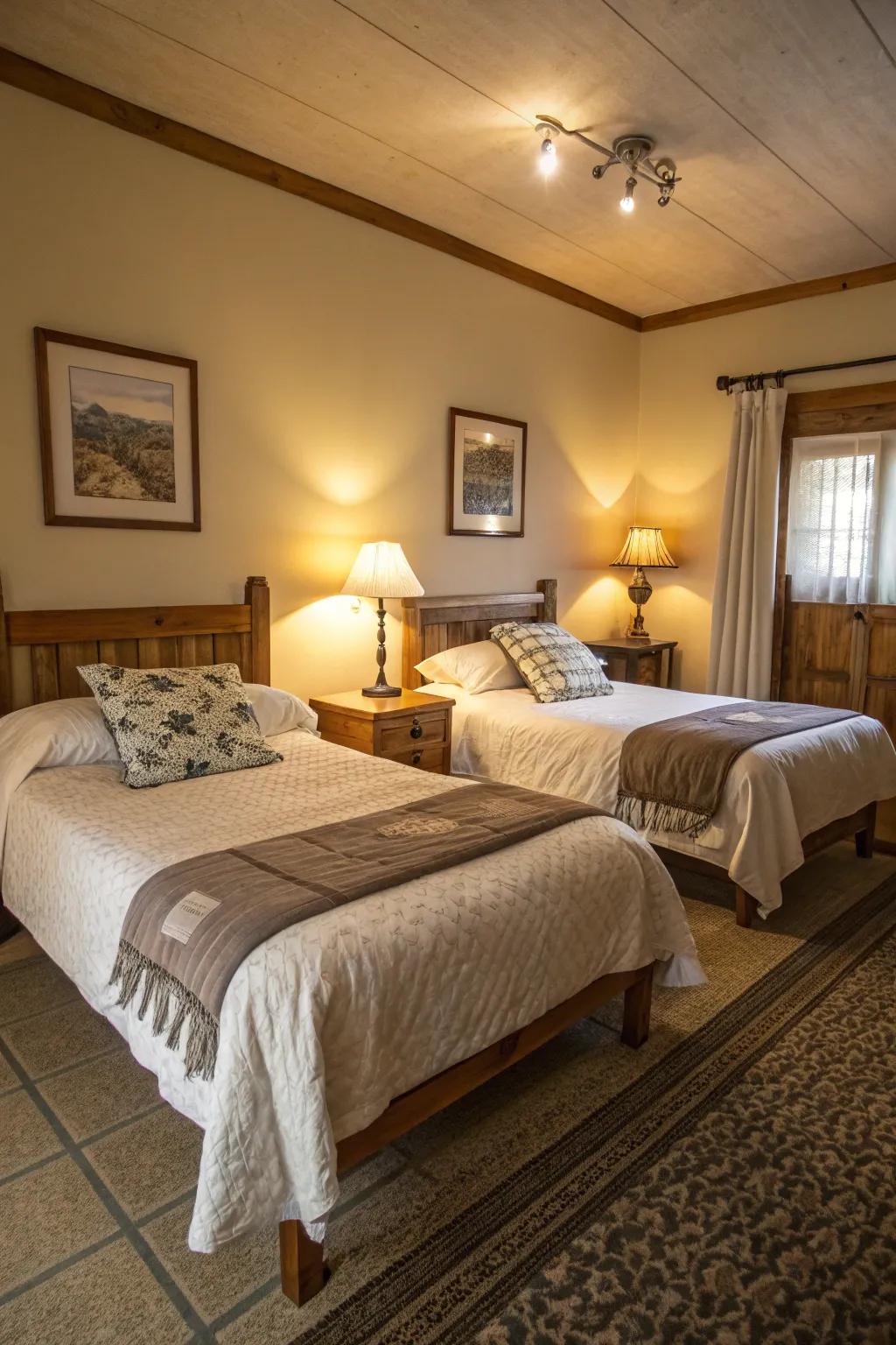 Personal lighting enhances individual comfort in this shared bedroom.