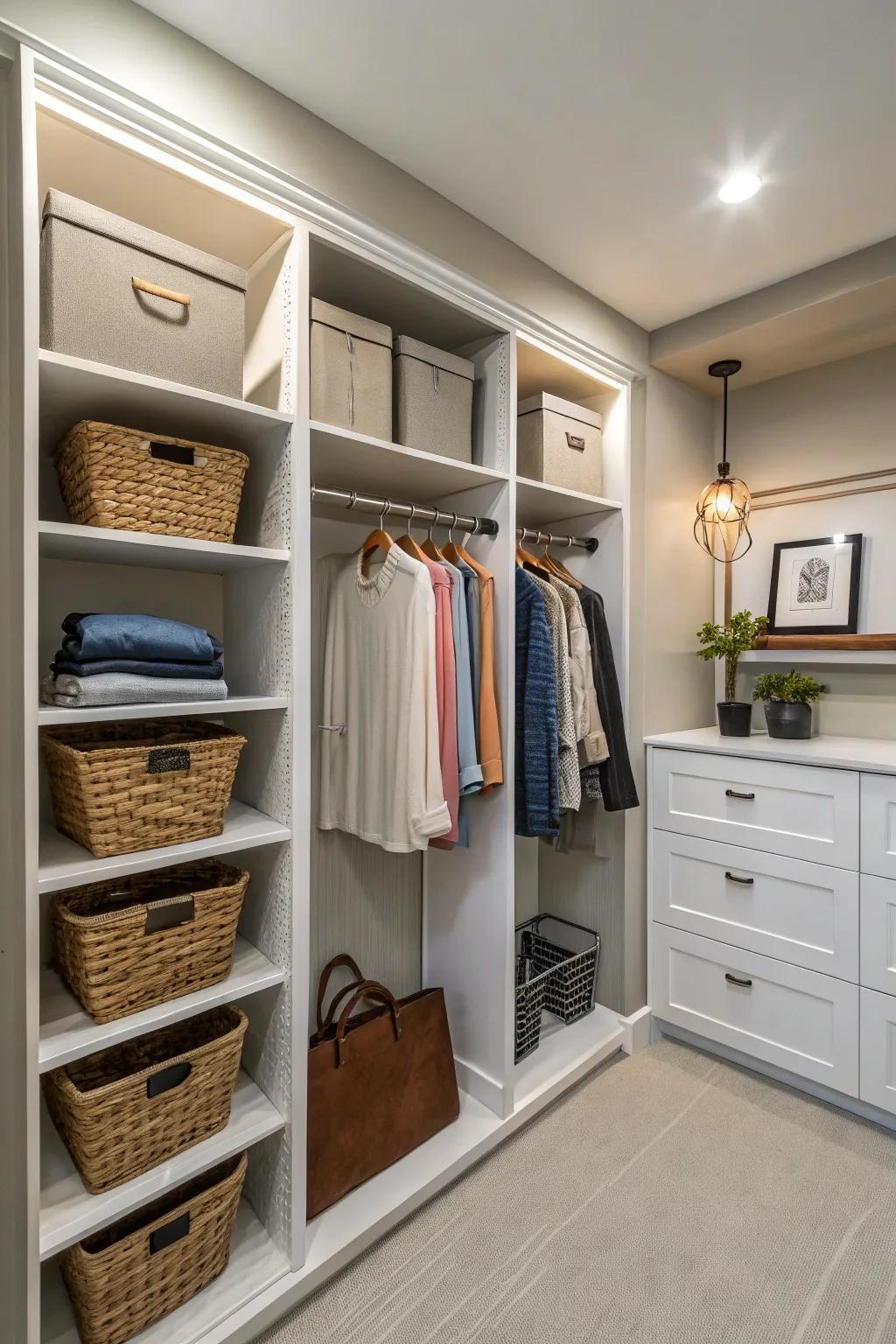 A shared closet making use of every nook with clever storage solutions.