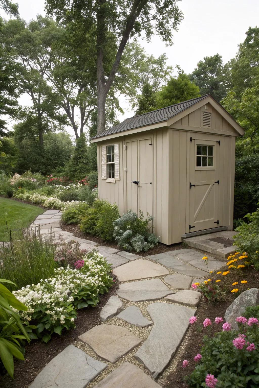 Neutral beige sheds offer subtle harmony in diverse garden settings.