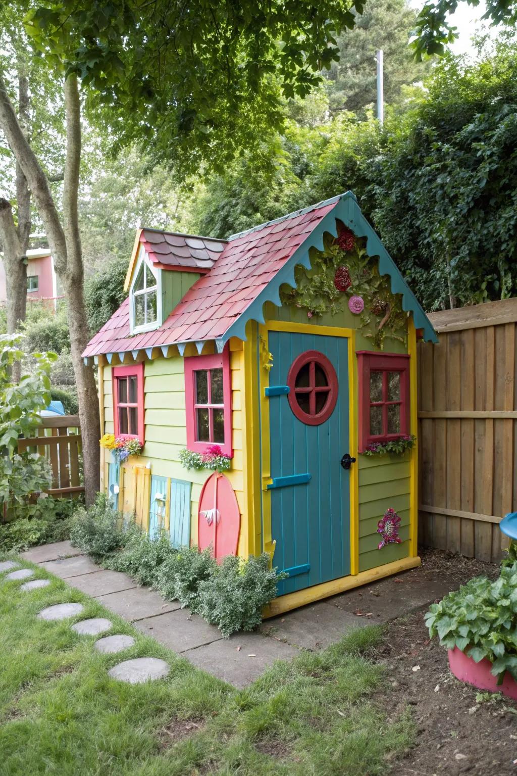 A garden shed designed as a playful playhouse for children.