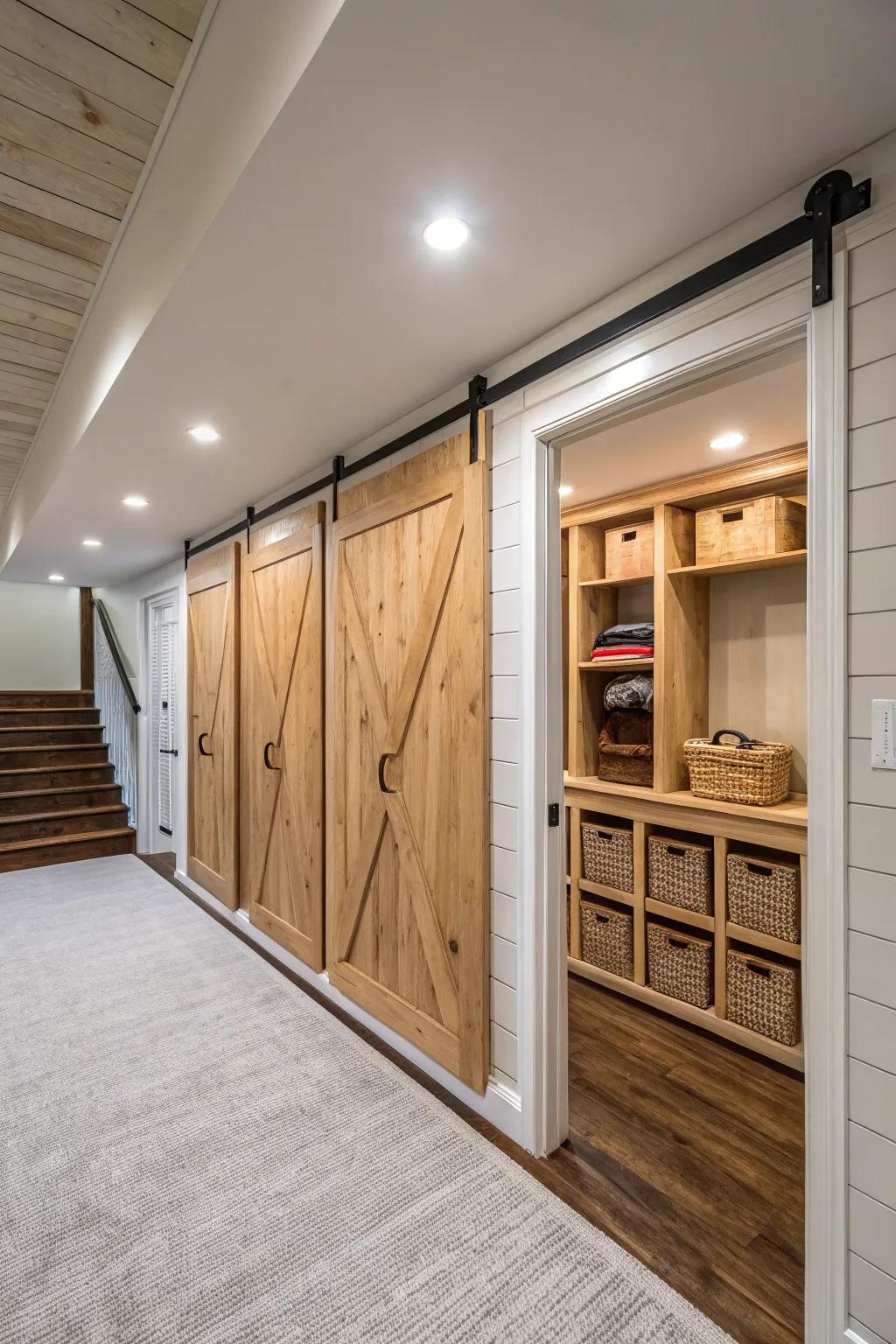 A basement with shiplap walls featuring hidden storage solutions.