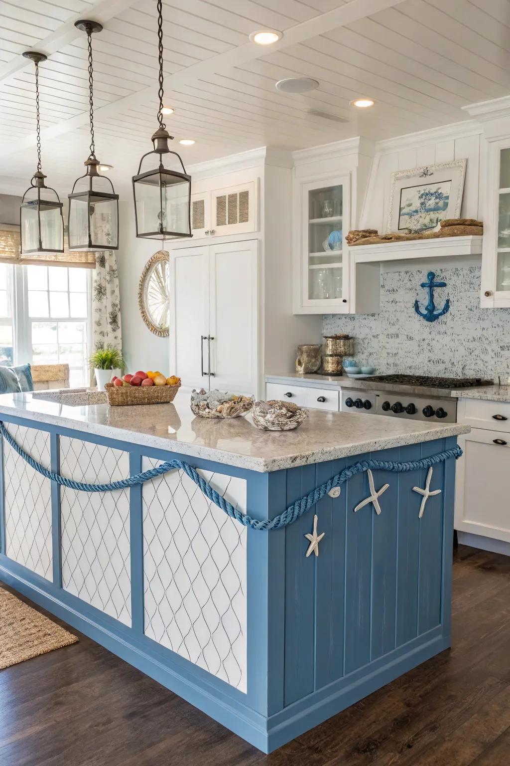 Coastal vibes with a shiplap island in calming blue tones.