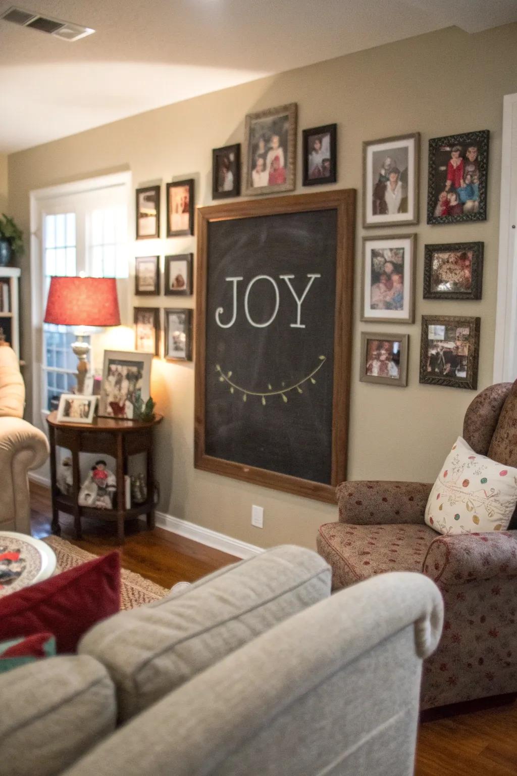 Family room chalkboard with a joy-themed quote.