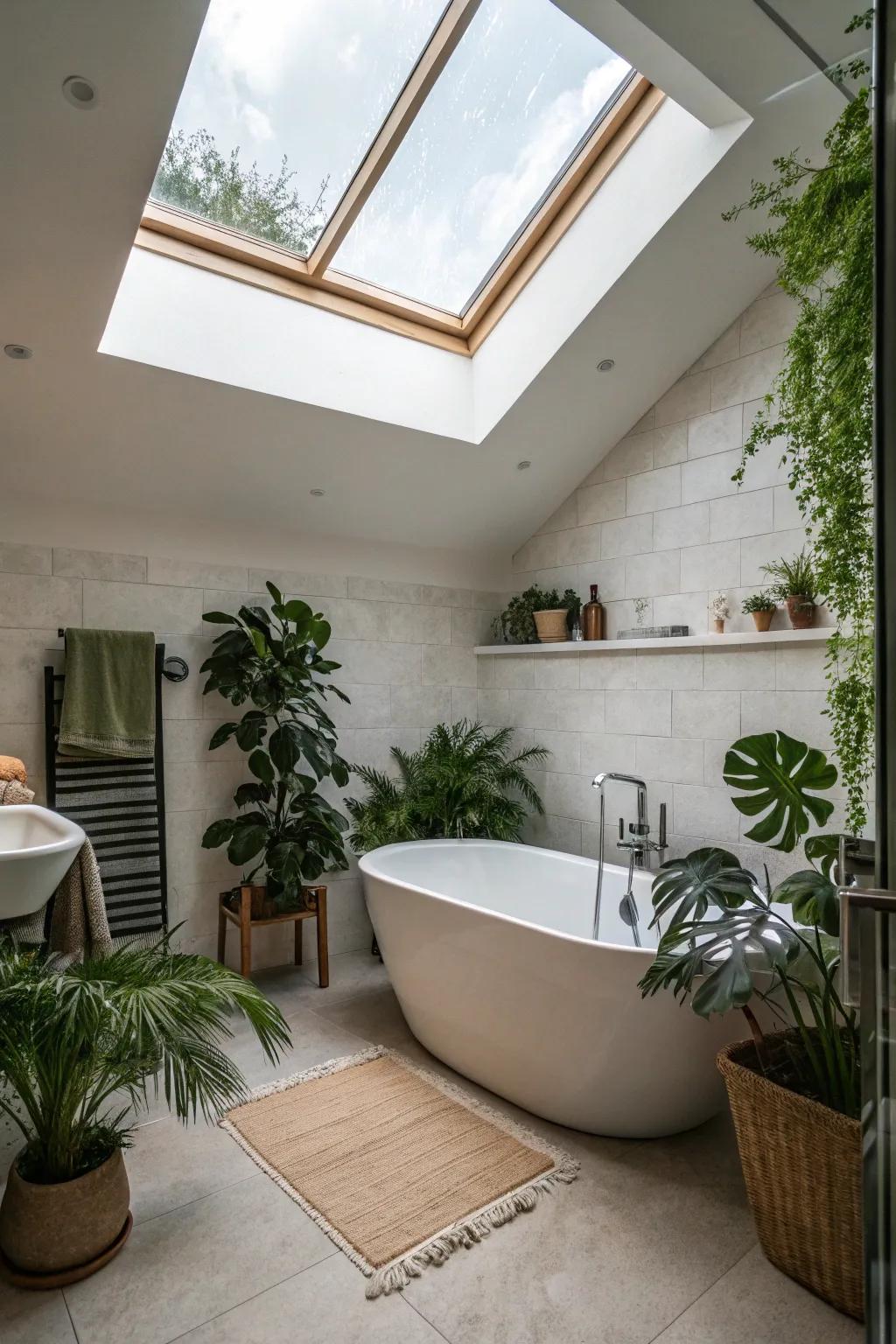 A bathroom transformed into a spa-like retreat with a skylight.