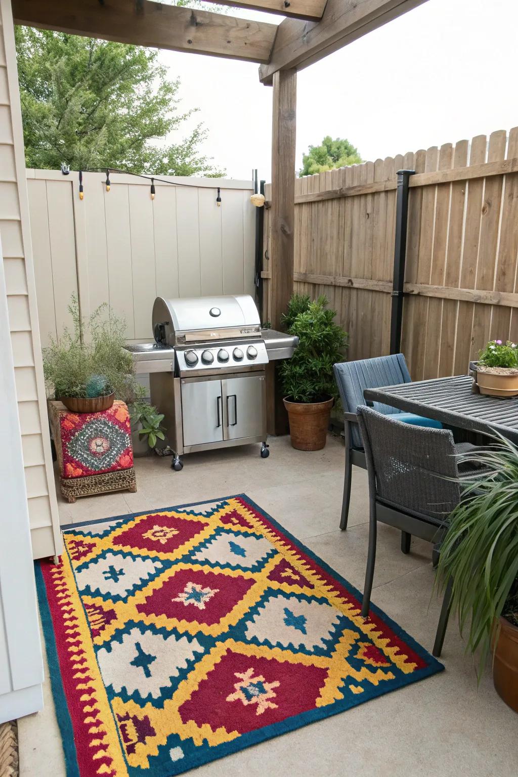 A vibrant outdoor rug enhancing the charm of a small patio.