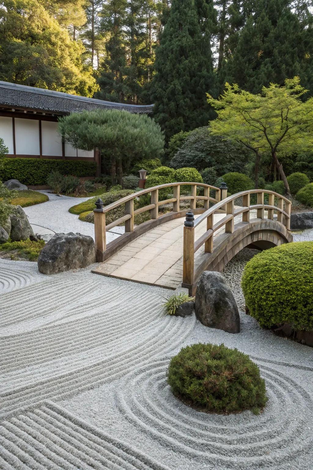 A zen garden featuring a small wooden bridge over a gravel pathway, adding charm.