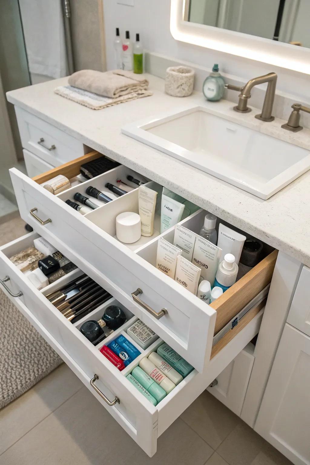 Vanity drawers keep the bathroom organized and neat.