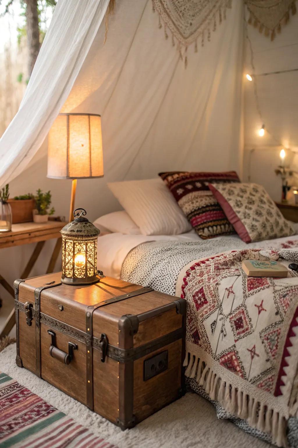 Vintage elements add depth and history to this boho bedroom