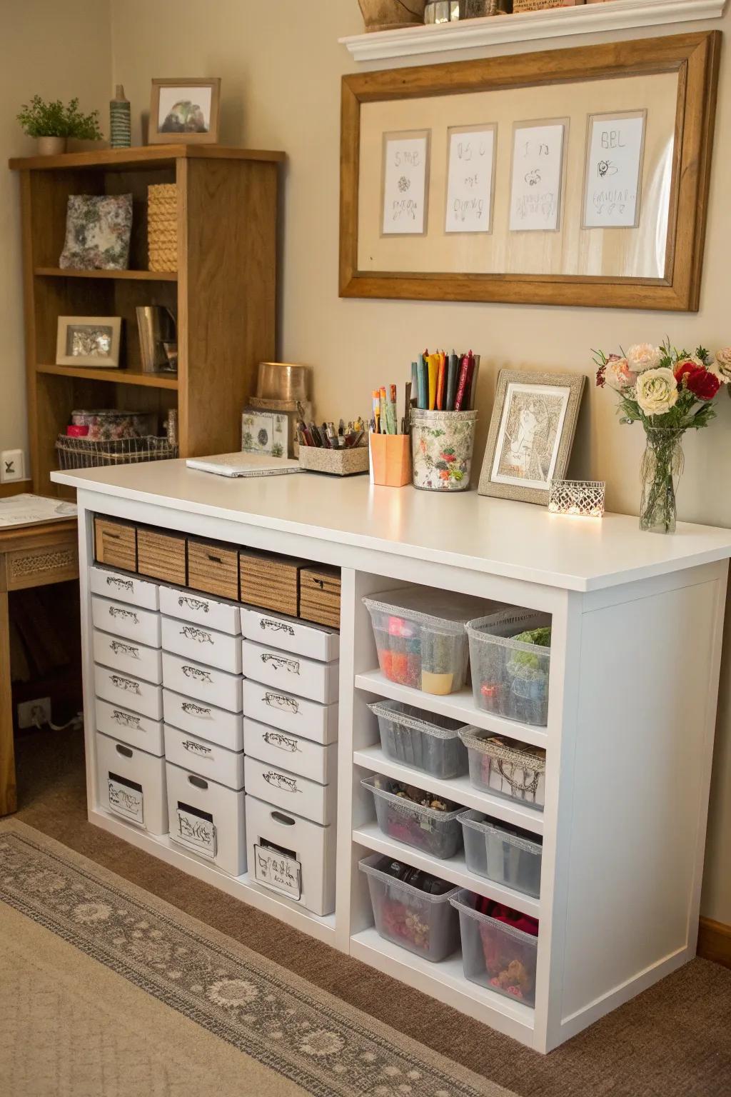 Under-desk storage maximizes space without cluttering the room.