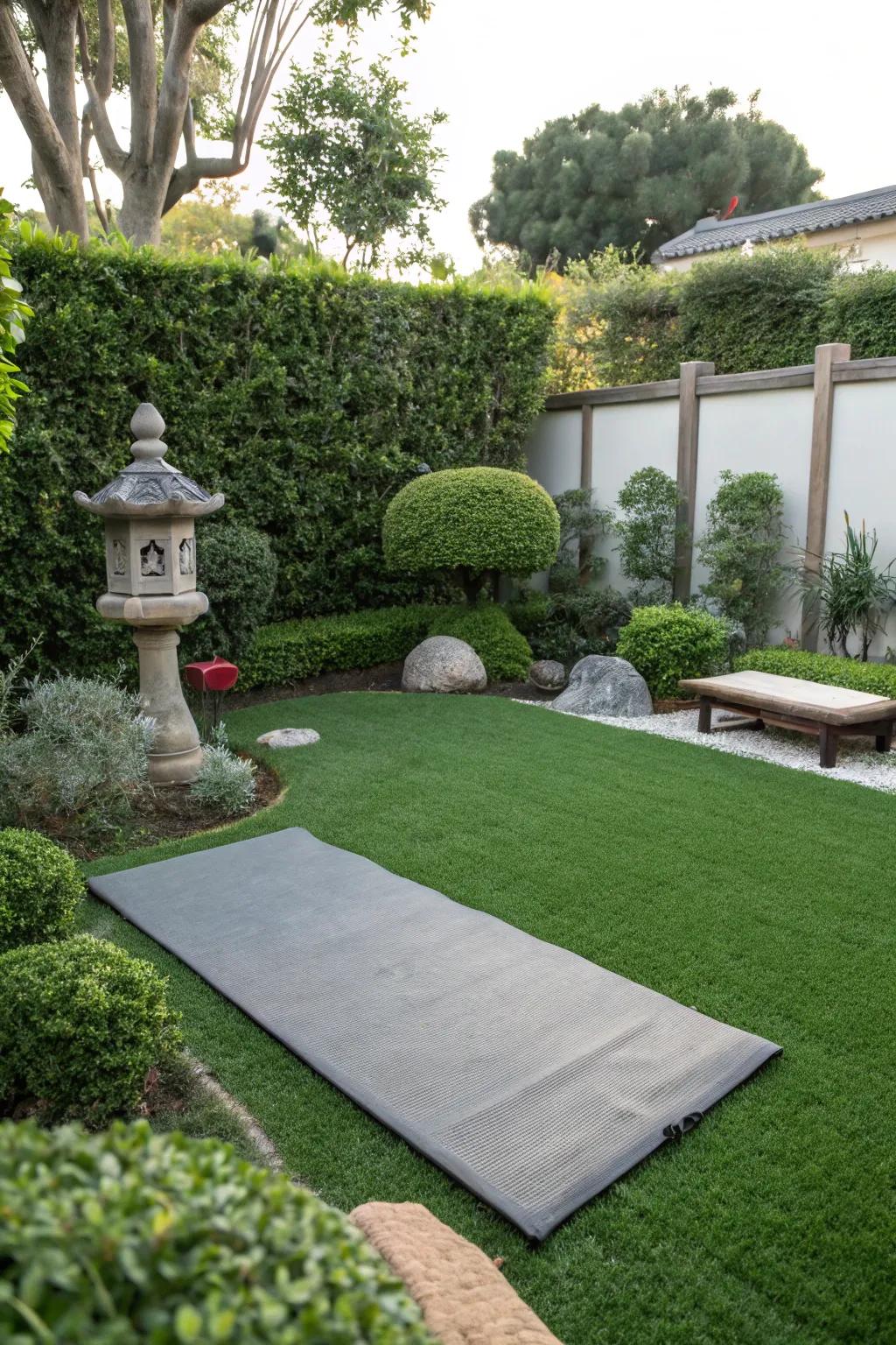 A serene meditation spot using artificial grass.