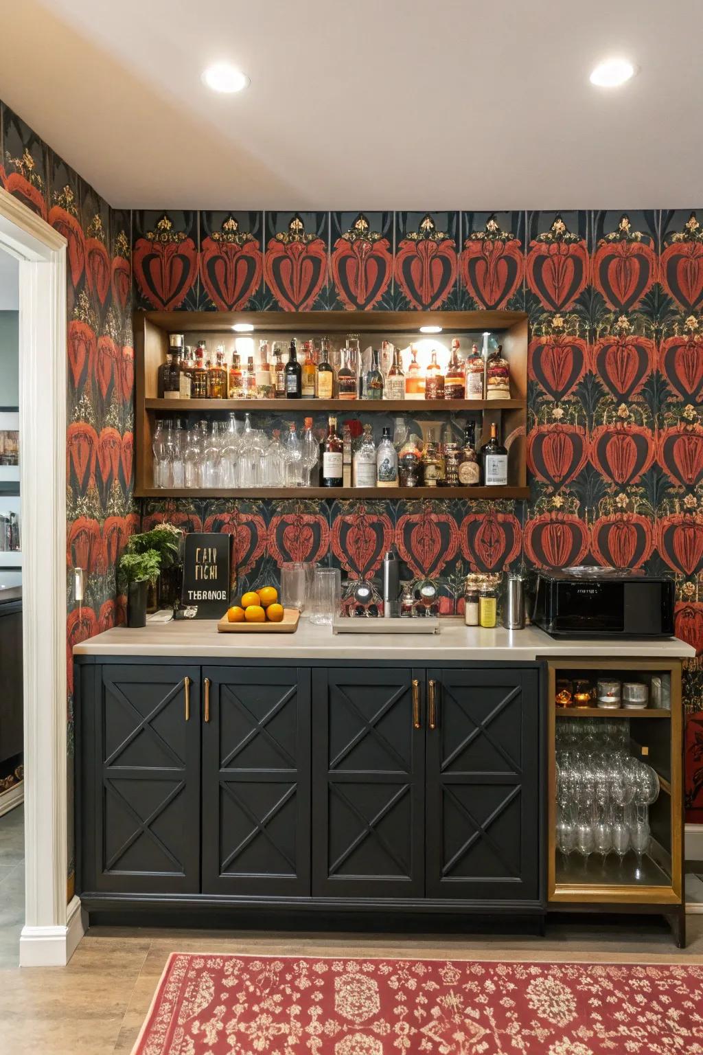 Bold wallpaper can turn your bar area into an eye-catching feature.