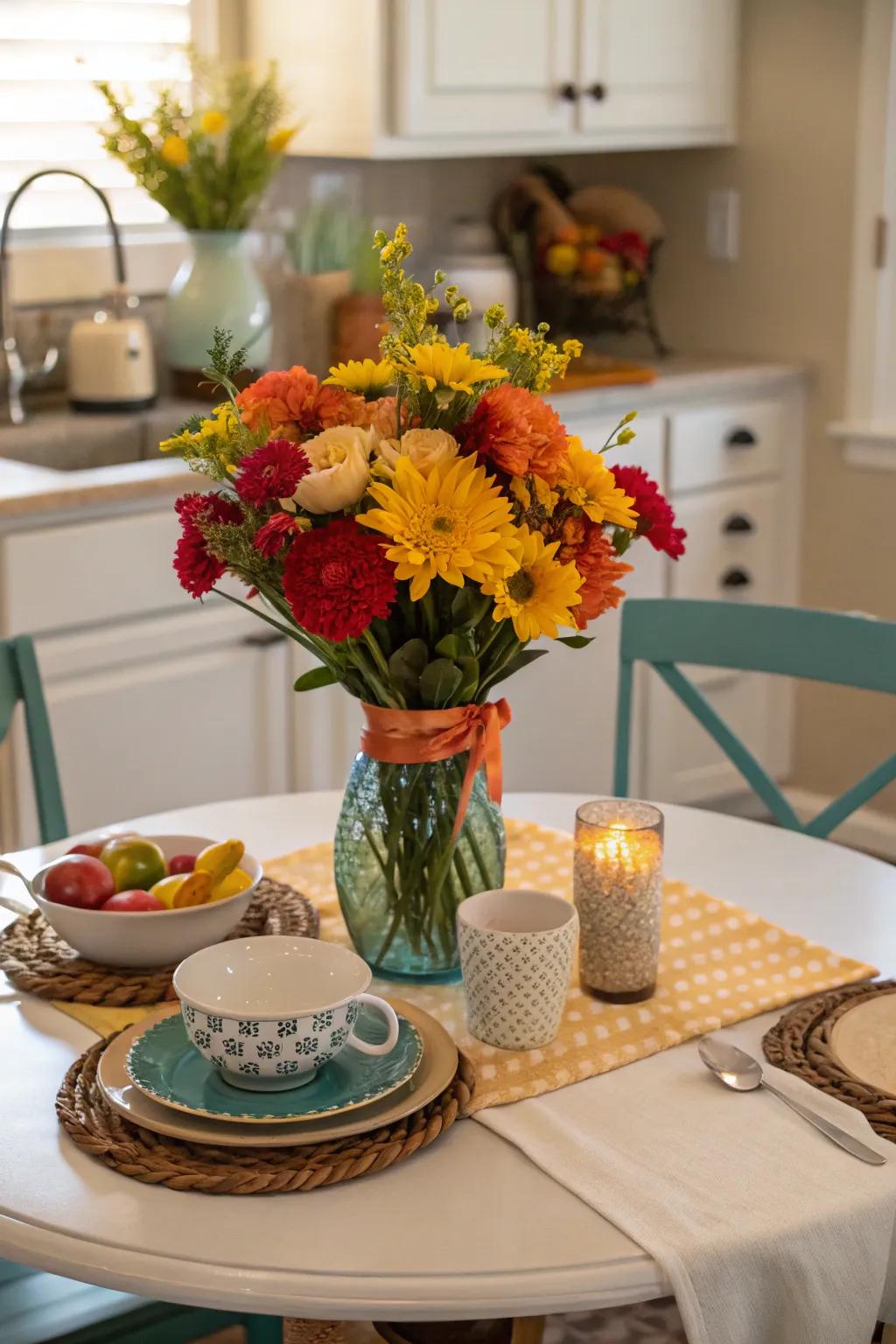 A colorful centerpiece that enlivens a compact dining space.