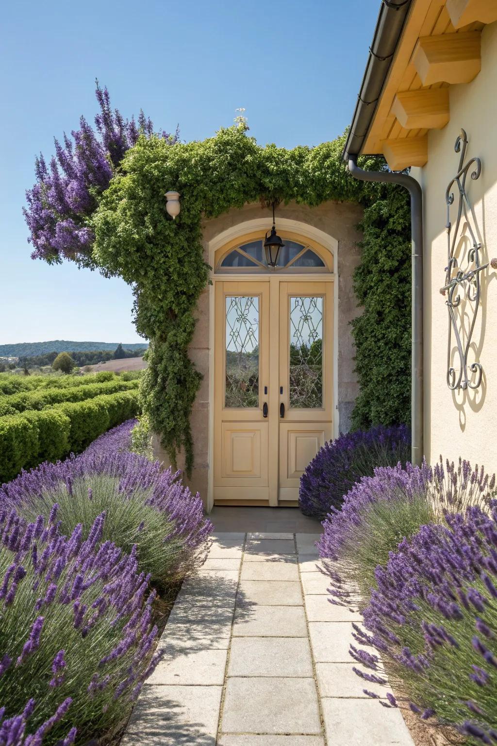 Framing doorways with lavender creates a warm welcome.