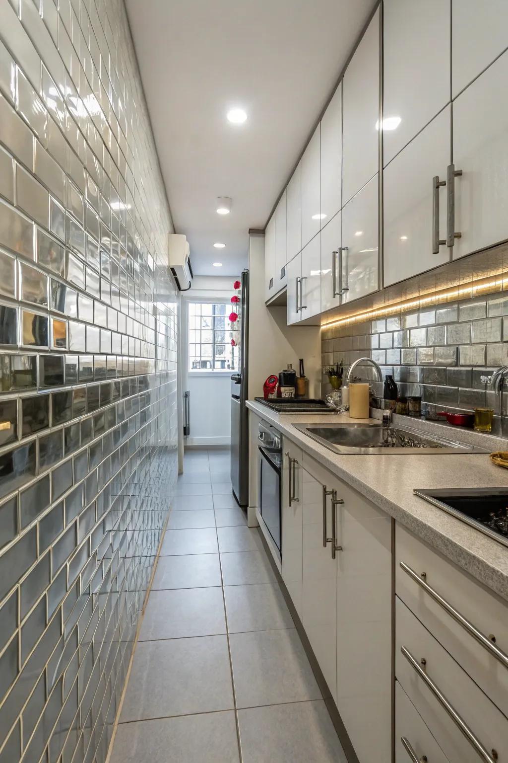 A reflective backsplash adds depth and brightness to this kitchen.